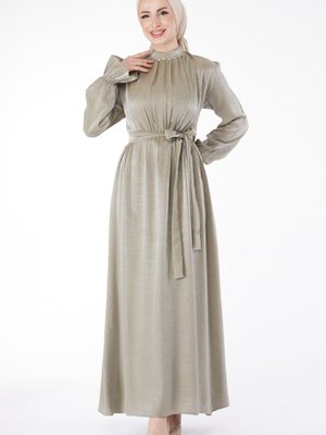 Düz Hakim Yaka Mint Taş Detaylı Kuşaklı Elbise