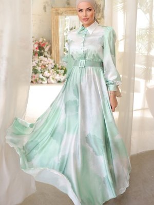 Mint Sual Desenli Saten Elbise