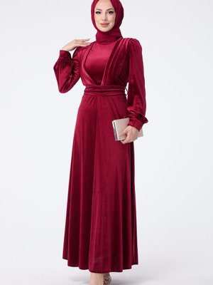 Bordo Balon Kol Beli Kuşaklı Kadife Abiye Elbise Bordo Balon Kol Beli Kuşaklı Kadife Abiye Elbise