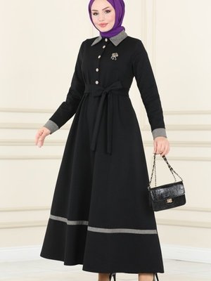 Siyah Biye Detaylı Kışlık Elbise