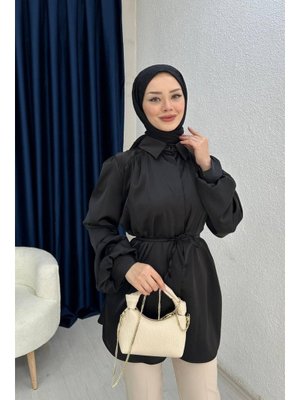 Siyah Balon Kol Saten Gömlek Siyah Balon Kol Saten Gömlek