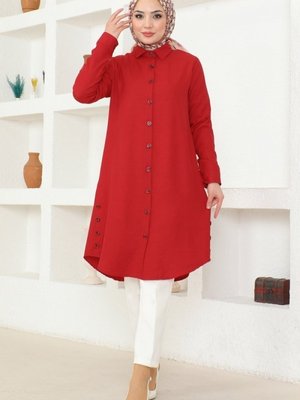 Kırmızı Düğme Detaylı Keten Tunik Kırmızı Düğme Detaylı Keten Tunik