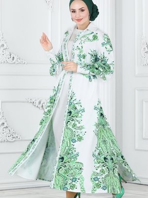 Yeşil & Ekru Önden Düğmeli Atlas Elbise
