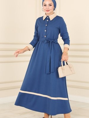 İndigo Biye Detaylı Elbise