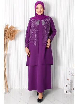 Mor Büyük Beden Taşlı Abiye