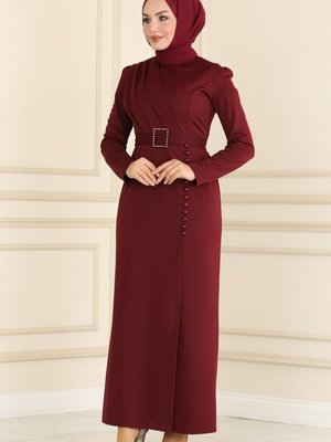 Bordo Aksesuar Düğmeli Kalem Elbise Bordo Aksesuar Düğmeli Kalem Elbise