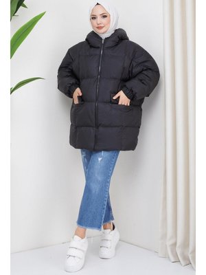Siyah Kapüşonlu Oversize Şişme Mont