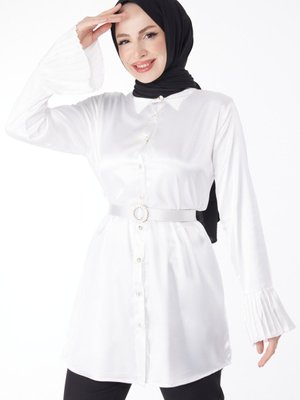 Düz Gömlek Yaka Beyaz Kemerli Fırfırlı Tunik