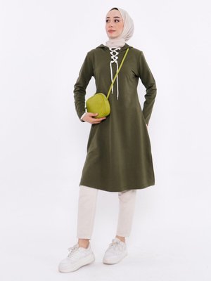 Kapüşonlu Uzun Sweatshirt Haki