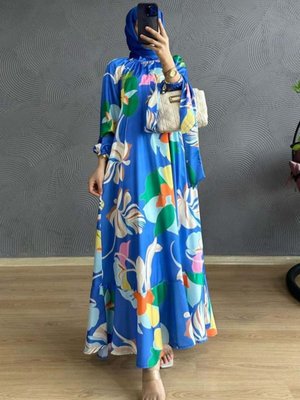 Saten Çiçekli Tesettür Saten Elbise