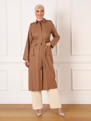 Açık Kahve Keten Kumaş Düğmeli Trençkot