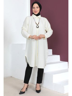 Ekru Büyük Beden Kolyeli Tunik