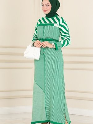 Benetton Yeşili Beli Tünelli Triko Elbise