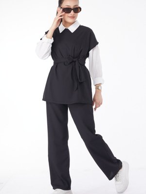 Sıyah Bisiklet Yaka Kısa Kollu İkili Takım