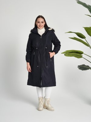 Bondit Kumaş Kapüşonlu İçi Kürklü Kışlık Mont, Lacivert