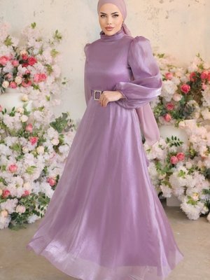 Lila Kemerli Janjan Abiye Elbise