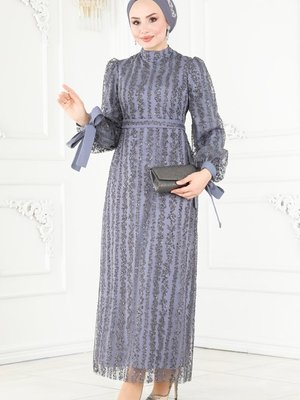Gri Manşeti Bağlamalı Kalem Abiye Elbise Gri Manşeti Bağlamalı Kalem Abiye Elbise