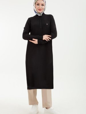 Ribanalı Fermuarlı Krep Kumaşlı Tunik Siyah