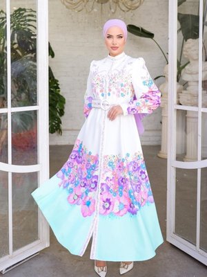 Ekru Sual Çiçek Desenli Atlas Elbise Ekru Sual Çiçek Desenli Atlas Elbise