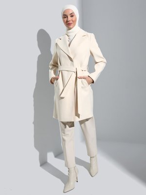 Ekru Çıt Kapamalı Kruvaze Kaban