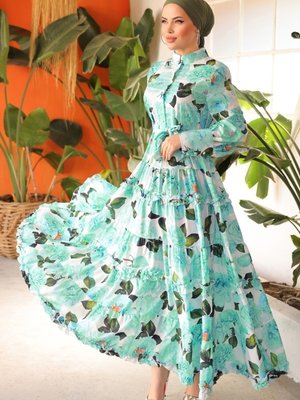 Mint Eteği Fırfırlı Atlas Elbise