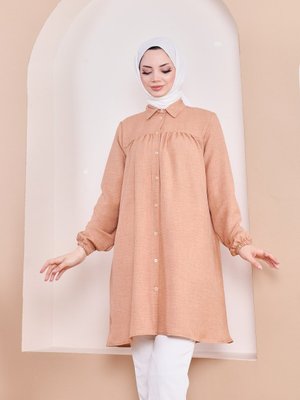 Önü Büzgülü Kolu Lastikli Keten Tunik Gömlek