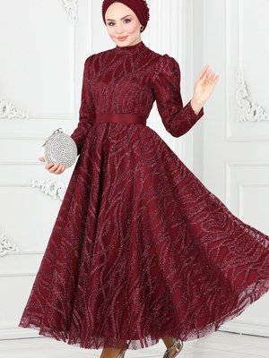 Bordo İşlemeli Abiye Elbise Bordo İşlemeli Abiye Elbise