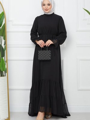 Siyah Eteği Katlı Şifon Elbise