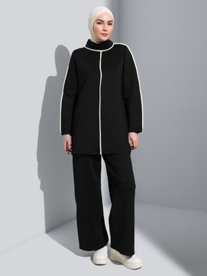 Siyah Scuba Biye Detaylı İkili Eşofman Takımı