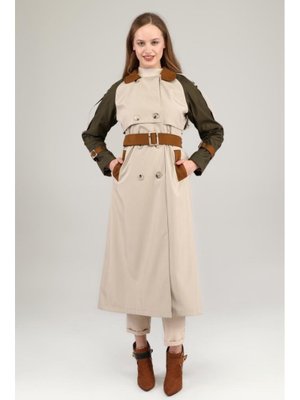 Bej Üç Renkli Uzun Mevsimlik Astarlı Trençkot/kap
