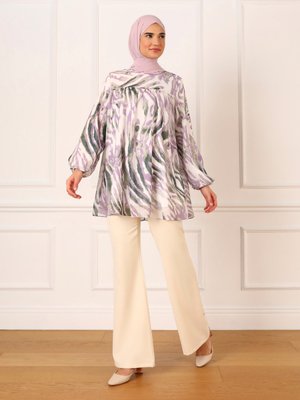 Lila Astarlı Kol Ucu Lastikli Zebra Desenli Şifon Tunik