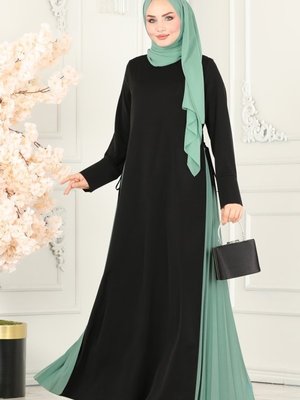 Siyah & Mint Pilise Detaylı Elbise