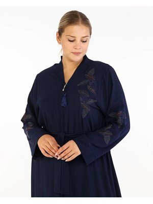 Lacivert Yaprak Desenli Taşlı Nakışlı Abaya