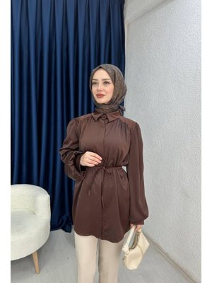 Balon Kol Saten Gömlek Acı Kahve Balon Kol Saten Gömlek Acı Kahve