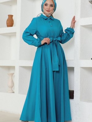 Turkuaz Kuşaklı Terikoton Elbise Turkuaz Kuşaklı Terikoton Elbise