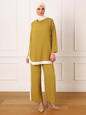 Yağ Yeşili Aerobin Şerit Detaylı Şık Tunik & Pantolon İkili Takım