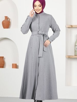 Açık Gri Kemerli Kışlık Ferace Açık Gri Kemerli Kışlık Ferace