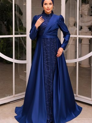 Lacivert Afitap Saten Abiye Elbise