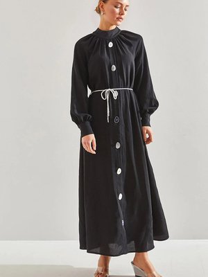 Kadin Aynali Dugme Desenli Kusakli Tesettur Elbise