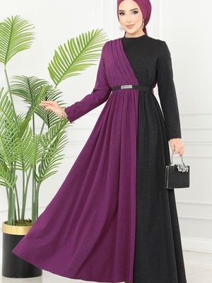 Mürdüm & Siyah Çift Renkli Kemerli Elbise