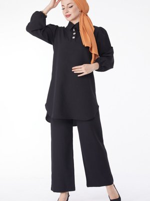 Düz Gömlek Yaka Siyah Balon Kollu İnci Düğmeli İkili Takım