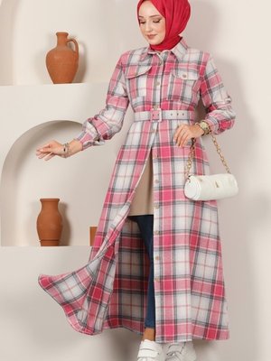 Fuşya Kaplama Kemerli Ekose Elbise Fuşya Kaplama Kemerli Ekose Elbise