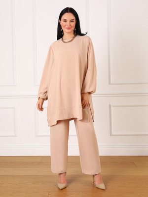 Bej Büyük Beden Tunik & Pantolon İkili Aerobin Takım Açık