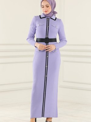 Lila Aksesuar Düğmeli Triko Elbise