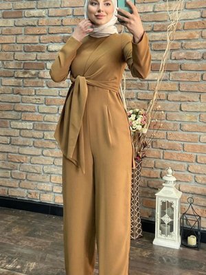 Kuşak Detaylı Krep Kumaş Tulum Camel Kuşak Detaylı Krep Kumaş Tulum Camel