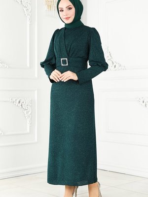 Zümrüt Balon Kollu Simli Abiye Elbise Zümrüt Balon Kollu Simli Abiye Elbise