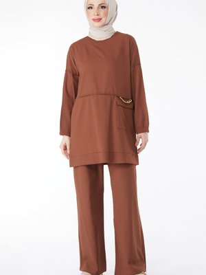 Kahve Zincir Detaylı Tunik Pantolon İkili Takım