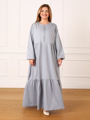 Gri Mavi Büyük Beden Brit Düğme Detaylı Elbise Gri Mavi Büyük Beden Brit Düğme Detaylı Elbise