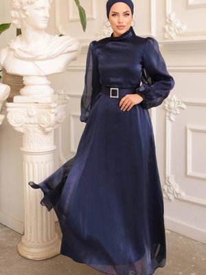 Lacivert Kemerli Janjan Abiye Elbise