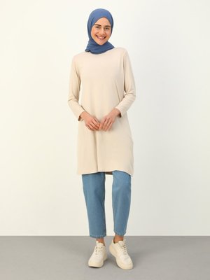 Bej Viskon Kumaştan Bisiklet Yaka Tunik